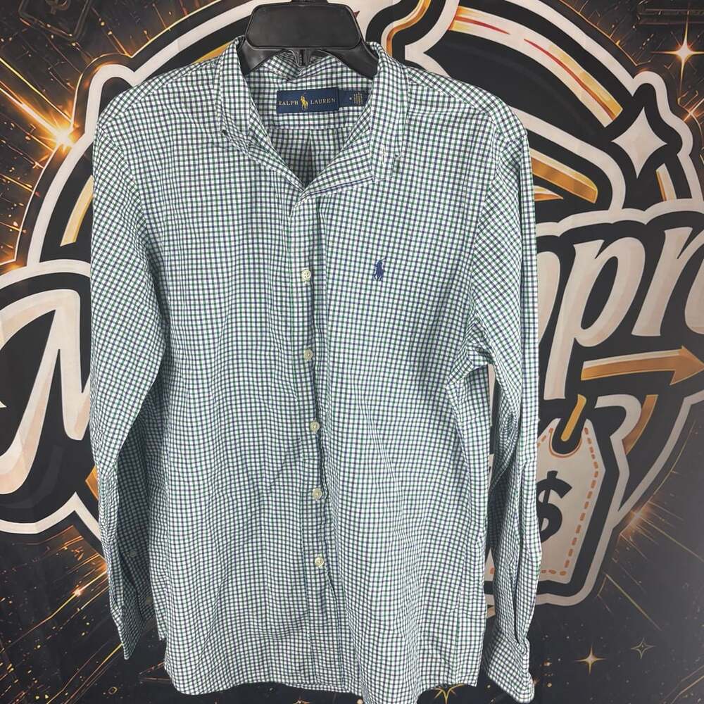 Polo Ralph Lauren Men's Green and Blue Gingham Check Button-Up Shirt M